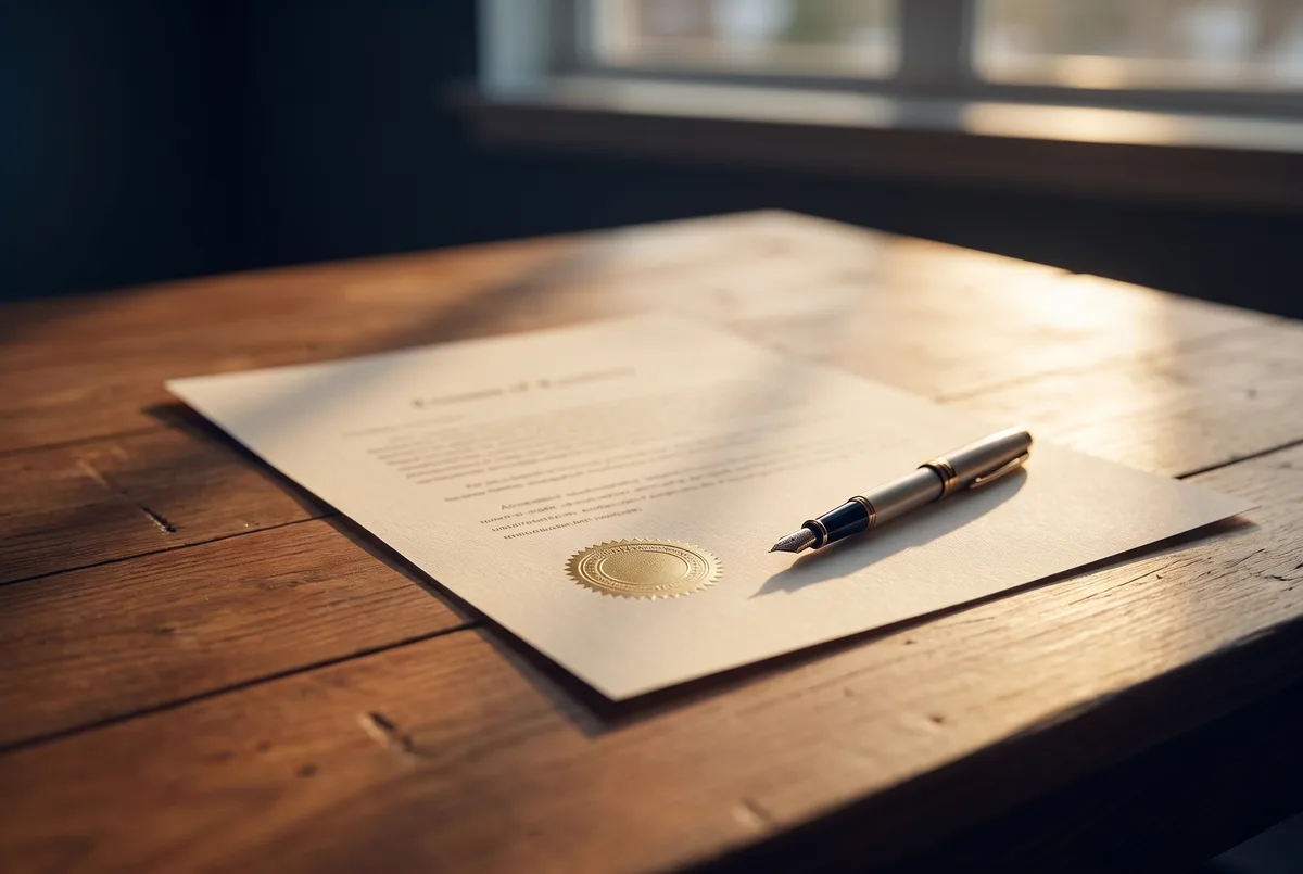 Documento de fianza sellado con una pluma fuente sobre un escritorio al amanecer