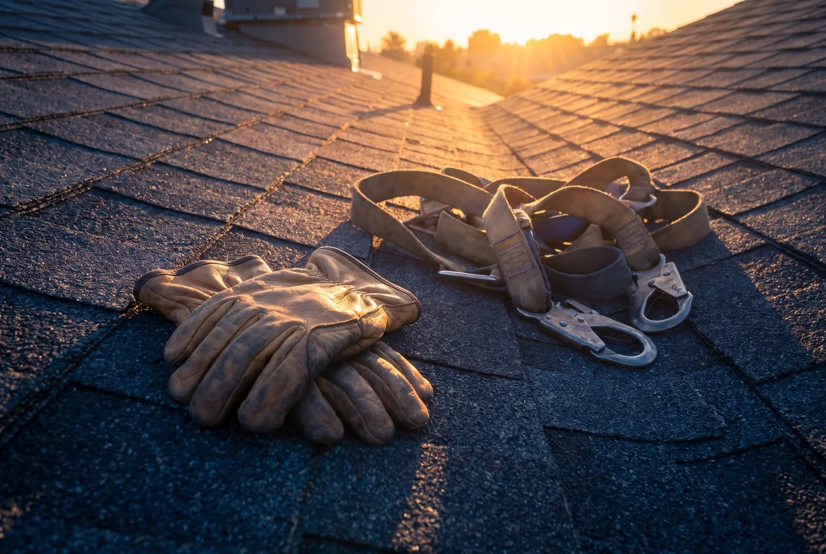 Guantes de trabajo y un arnés de seguridad descansando sobre tejas con la luz del amanecer